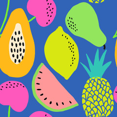 Hand painted seamless pattern with colorful fruits on blue background. - 277076105