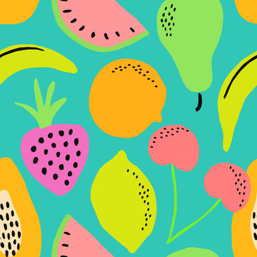 Hand painted seamless pattern with colorful fruits on aquamarine blue background.