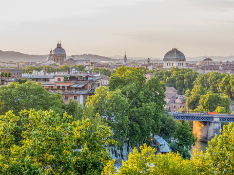 Rome, Italy - View of the eternal city at sunset from the Orange Garden (Giardino degli Aranci)