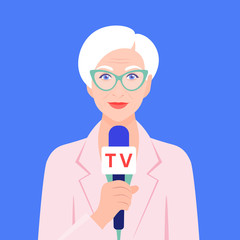 An old woman holds a microphone in her hand. Correspondent reports the news. A television. Vector flat illustration