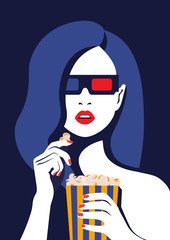 Beautiful girl in 3d glasses eats popcorn and watches a movie. Portrait of a young woman with open mouth. Vector illustration in flat style