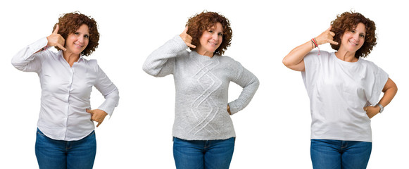 Collage of middle age senior business woman wearing white t-shirt over white isolated background smiling doing phone gesture with hand and fingers like talking on the telephone. 