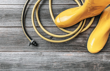 Garden tools and instruments on a wooden background.