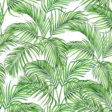 Watercolor painting coconut,palm leaf,green leaves seamless pattern background.Watercolor hand drawn illustration tropical exotic leaf prints for wallpaper,textile Hawaii aloha jungle style pattern.