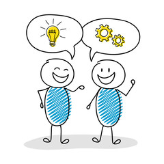 Talking stickmen with speech bubbles and business icons. Vector