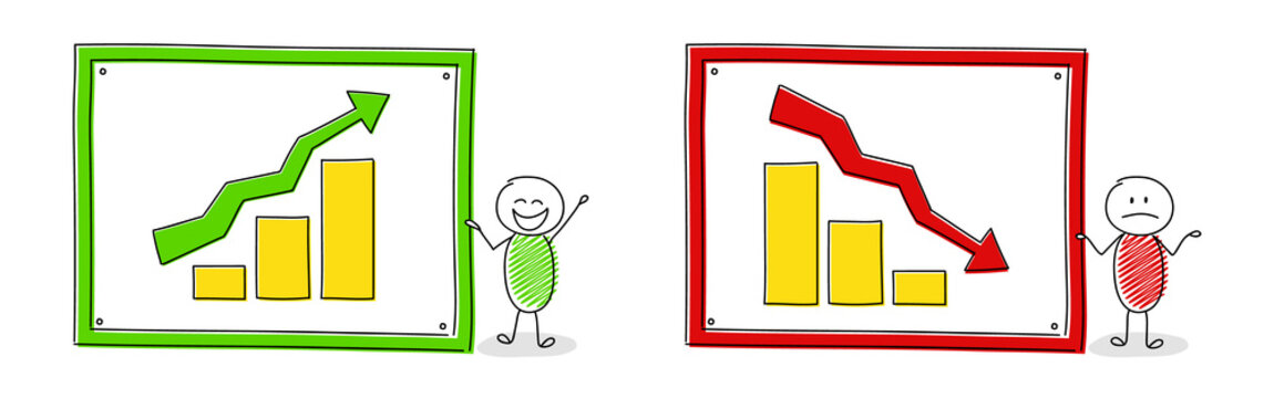 Funny hand drawn stickmen with business graph - set. Vector