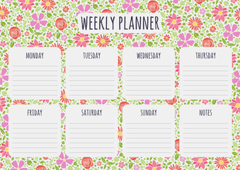 Weekly organizer - planner with floral background. Vector
