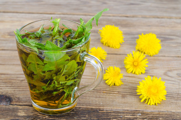 Cup of tea from fresh dandelion leaves. 