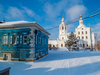 White Siberian Church - White Russian orthodox church covered in snow. Tyumen, Russia
