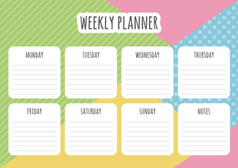 Colorful weekly planner template with abstract geometrical background. Vector