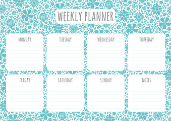Weekly planner design with background with hand drawn flowers. Vector