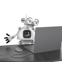 vintage robot and his lap top in a white background