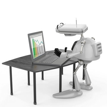 vintage robot and his lap top in a white background