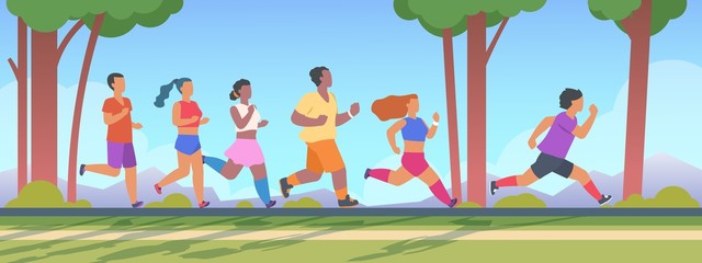 People 5K run. Men and women group running 5K distance, summer outdoor healthy exercises concept. Vector illustration runner man outrun woman sport activity