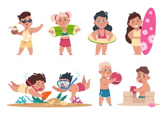 Kids at beach. Cartoon happy children swimming playing ball and doing summer activities on holidays. Vector flat child fun holiday party set