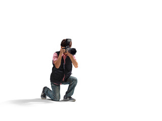 Portrait of male asian photographer taking pictures. Taking photo in action.