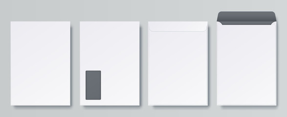 Realistic envelopes. Blank close and open letter, C4 A4 business mockup template, isolated front and back views. Vector white vertical envelope for corporate postcard