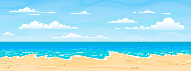 Sea beach landscape. Cartoon summer sunny day, ocean view horizontal panorama, water sand and clouds. Vector illustration beach vacation background