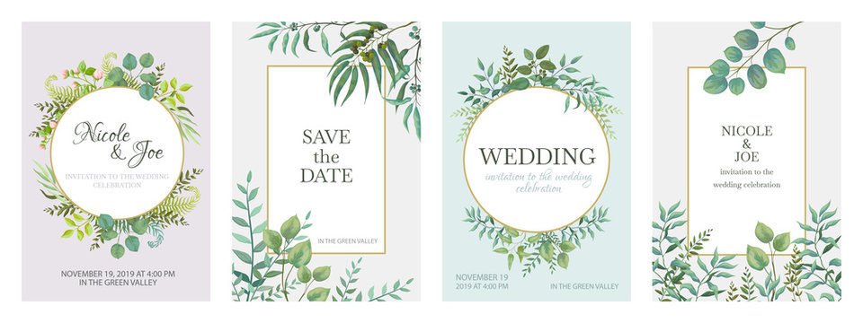 Wedding greenery posters. Floral green invitation cards with rustic garden branches and leaves. Vector trendy eucalyptus borders in golden frame on white background