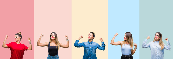 Collage of young beautiful woman over colorful stripes isolated background showing arms muscles smiling proud. Fitness concept.