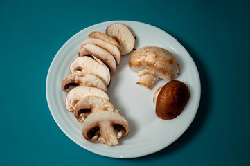 brown and white mushrooms on the blue background and plot