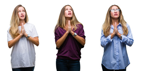 Collage of young beautiful blonde woman over isolated background begging and praying with hands together with hope expression on face very emotional and worried. Asking for forgiveness. 