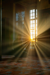 a man reads Koran or Al Quran with intentional lens flare sun setting up inside Sultanahmet mosque in Istanbul, Turkey.