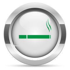 Cigarette icon.White metal internet button. Glass with green icon, vector.