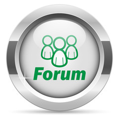 Forum icon.White metal internet button. Glass with green icon, vector.