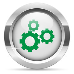 Gear icon.White metal internet button. Glass with green icon, vector.