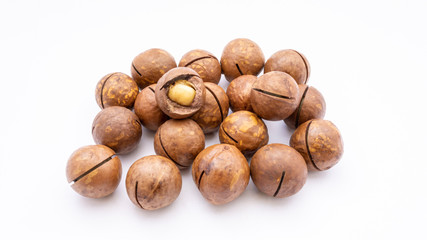 Fruits of the Australian macadamia nut on a white background. Kernels with a Shelled Shell