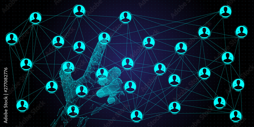 Fototapete Low polygon hand working global structure networking and data exchanges customer connection with new computer Ui.