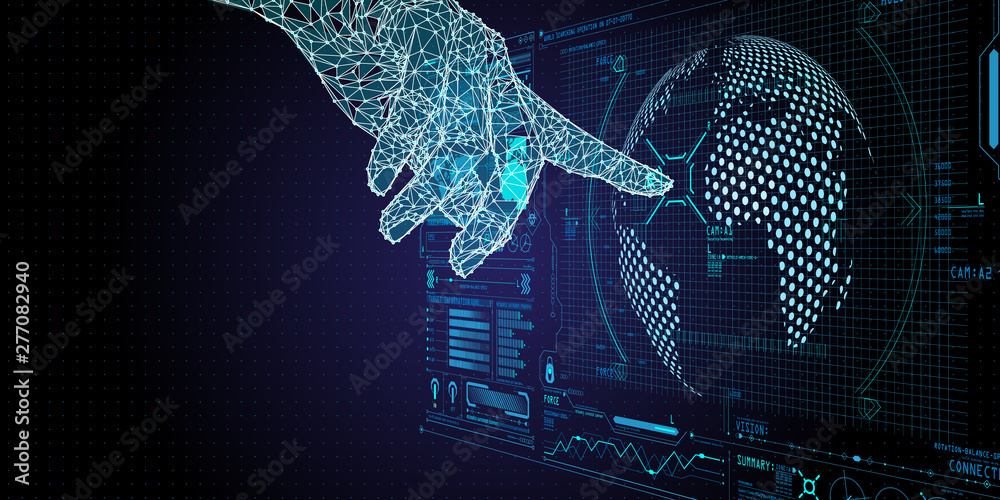 Poster Low polygon hand touching global network and data exchanges over the world with new technology interface.