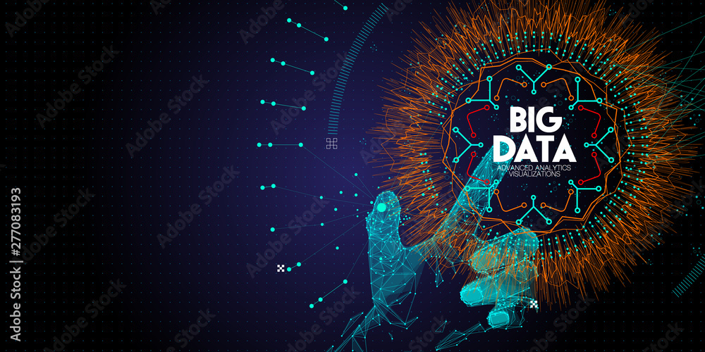 Leinwandbilder Low polygon Hand touching Big data avanced technology and visualization with Fractal element with lines and dots array.