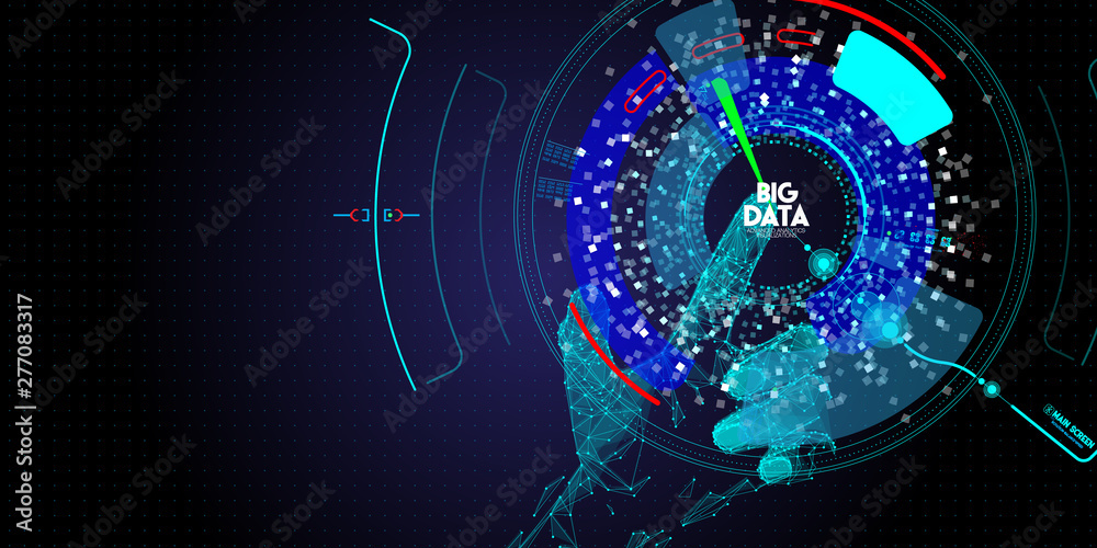 Poster Low polygon Hand touching Big data avanced technology and visualization with Fractal element with lines and dots array.
