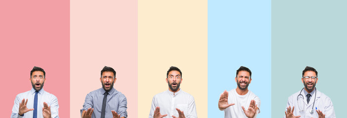 Fototapeta premium Collage of handsome man over colorful stripes isolated background afraid and terrified with fear expression stop gesture with hands, shouting in shock. Panic concept.