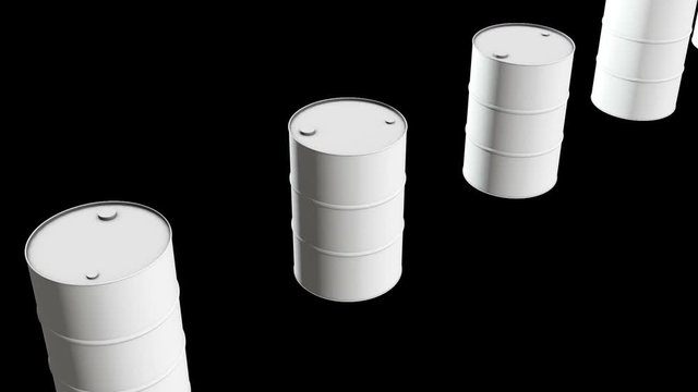 White blank metal barrel oil row. 3d render Video available in 4k FullHD and HD render footage