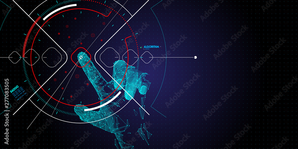 Aufkleber Low Polygon Hand touching the future User Interface technology and the future of user experience.