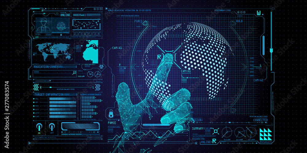 Fototapete Low polygon hand touching global network and data exchanges over the world with new technology interface.
