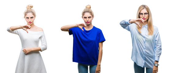 Collage of young beautiful blonde woman over isolated background looking unhappy and angry showing rejection and negative with thumbs down gesture. Bad expression.