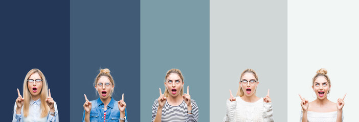 Collage of young beautiful blonde woman over vivid colorful vintage green isolated background amazed and surprised looking up and pointing with fingers and raised arms.