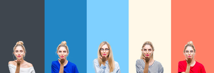 Collage of young beautiful blonde woman over vivid colorful vintage stripes isolated background looking at the camera blowing a kiss with hand on air being lovely and sexy. Love expression.