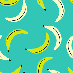 Obraz na płótnie Canvas Hand painted seamless pattern with bananas in yellow, black and cream on blue aquamarine background.