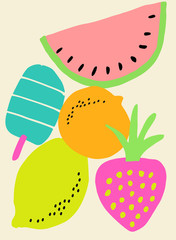 Hand painted composition with colorful ice cream and fruits on cream background.