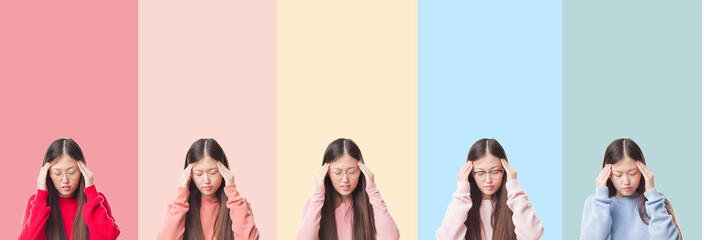 Collage of beautiful asian woman over colorful stripes isolated background with hand on head for pain in head because stress. Suffering migraine.