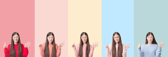 Collage of beautiful asian woman over colorful stripes isolated background showing and pointing up with fingers number six while smiling confident and happy.