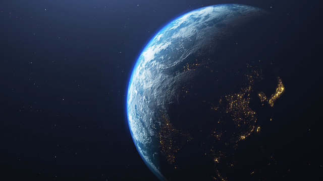 Earth from space with city lights in the night part , 3d rendering of planet Earth, elements of this image are provided by NASA