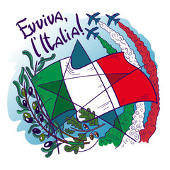 Logo contains symbols of Italy- Frecce tricolori tricolour arrows in the sky, olive branch, oak, flag and star.