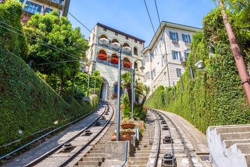 View of Citta Alta houses from funicular San Vigilio, Bergamo, Italy.  Scenic panorama of beautiful...