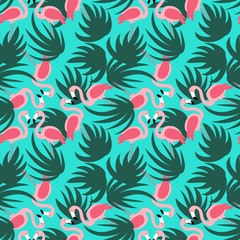 Fototapeta na wymiar two flamingos pink on blue background big green leaves seamless pattern illustration